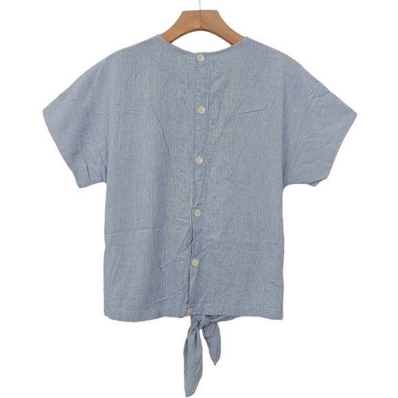 Madewell Blouse Womens Medium Striped Tie Front Back Button Short Sleeve Preppy - Picture 5 of 11